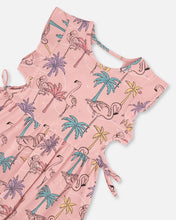 Load image into Gallery viewer, deux par deux Girls Printed Girls Organic Cotton Dress With Cut Outs - Palm Trees, Pink Flamingo, And Turquoise
