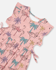 deux par deux Girls Printed Girls Organic Cotton Dress With Cut Outs - Palm Trees, Pink Flamingo, And Turquoise