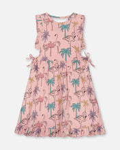 Load image into Gallery viewer, deux par deux Girls Printed Girls Organic Cotton Dress With Cut Outs - Palm Trees, Pink Flamingo, And Turquoise

