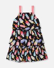Load image into Gallery viewer, deux par deux Girls Printed Tiered Dress - Ice Lollipops And Black
