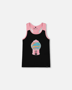 deux par deux Girls Organic Cotton Racerback Tank Top - Black And Candy Machine