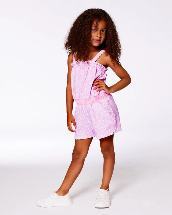 deux par deux Girls Printed Terry Cloth Romper - Vibrant Pink And White