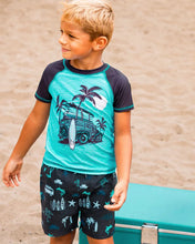 Load image into Gallery viewer, deux par deux Boys Printed Swim Trunks - Light Blue Beach On Black
