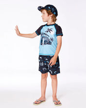 Load image into Gallery viewer, deux par deux Boys Printed Swim Trunks - Light Blue Beach On Black
