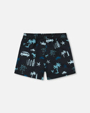 Load image into Gallery viewer, deux par deux Boys Printed Swim Trunks - Light Blue Beach On Black
