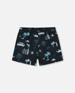 deux par deux Boys Printed Swim Trunks - Light Blue Beach On Black