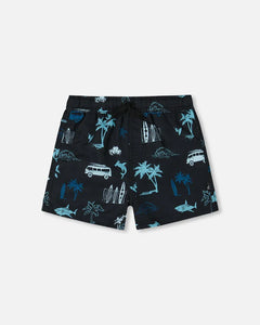 deux par deux Boys Printed Swim Trunks - Light Blue Beach On Black