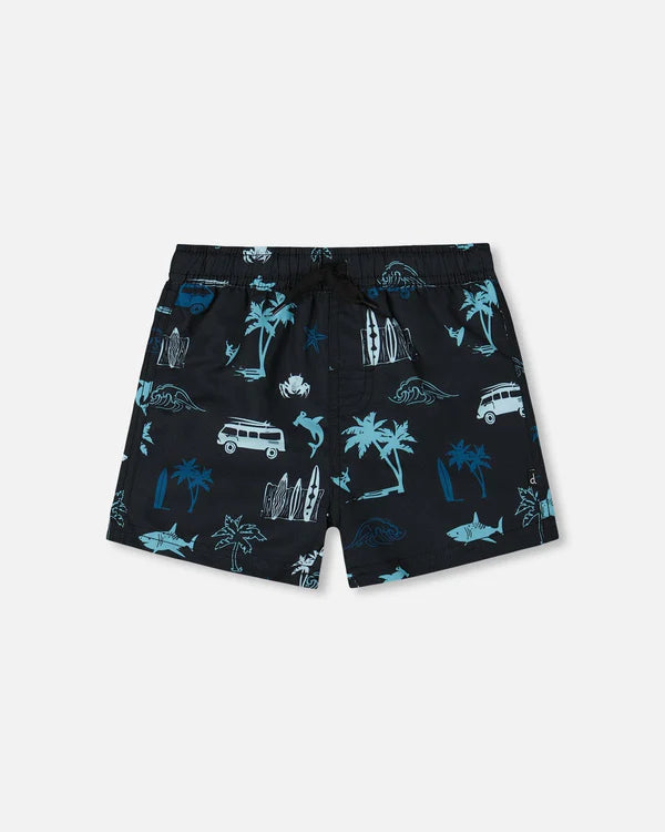 deux par deux Boys Printed Swim Trunks - Light Blue Beach On Black