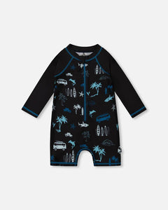 deux par deux Boys Printed Long Sleeve Rashguard - Light Blue Beach On Black