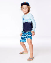 Load image into Gallery viewer, deux par deux Boys Printed Boardshorts - Blue Wave And Black
