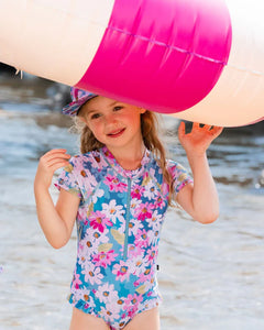 deux par deux Girls Printed Short Sleeve One-Piece Swimsuit With Frills - White, Pink, And Green Flowers