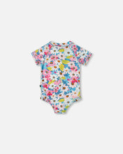 Load image into Gallery viewer, deux par deux Girls Printed Short Sleeve One-Piece Swimsuit With Frills - White, Pink, And Green Flowers
