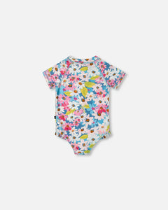 deux par deux Girls Printed Short Sleeve One-Piece Swimsuit With Frills - White, Pink, And Green Flowers