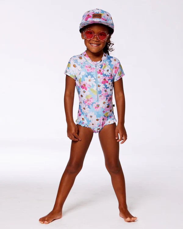 deux par deux Girls Printed Short Sleeve One-Piece Swimsuit With Frills - White, Pink, And Green Flowers
