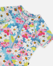 Load image into Gallery viewer, deux par deux Girls Printed Short Sleeve One-Piece Swimsuit With Frills - White, Pink, And Green Flowers
