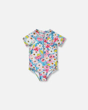 Load image into Gallery viewer, deux par deux Girls Printed Short Sleeve One-Piece Swimsuit With Frills - White, Pink, And Green Flowers
