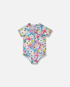 deux par deux Girls Printed Short Sleeve One-Piece Swimsuit With Frills - White, Pink, And Green Flowers