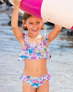 deux par deux Girls Printed Two-Piece Swimsuit With Frills - White, Pink, And Green Flowers
