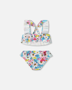 deux par deux Girls Printed Two-Piece Swimsuit With Frills - White, Pink, And Green Flowers