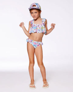 deux par deux Girls Printed Two-Piece Swimsuit With Frills - White, Pink, And Green Flowers