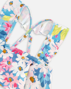 deux par deux Girls Printed Two-Piece Swimsuit With Frills - White, Pink, And Green Flowers