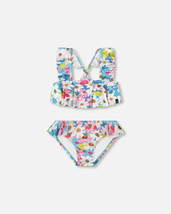 deux par deux Girls Printed Two-Piece Swimsuit With Frills - White, Pink, And Green Flowers