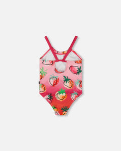 deux par deux Girls Printed One-Piece Swimsuit - Pink Gradient Strawberry