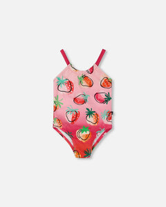 deux par deux Girls Printed One-Piece Swimsuit - Pink Gradient Strawberry