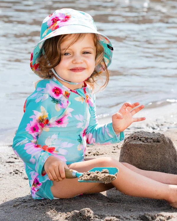 deux par deux Girls Printed One-Piece Rashguard With Frills - Turquoise And Pink Flowers