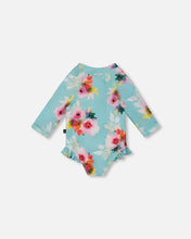 Load image into Gallery viewer, deux par deux Girls Printed One-Piece Rashguard With Frills - Turquoise And Pink Flowers
