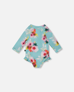 deux par deux Girls Printed One-Piece Rashguard With Frills - Turquoise And Pink Flowers