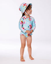 Load image into Gallery viewer, deux par deux Girls Printed One-Piece Rashguard With Frills - Turquoise And Pink Flowers
