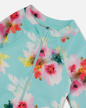 Load image into Gallery viewer, deux par deux Girls Printed One-Piece Rashguard With Frills - Turquoise And Pink Flowers
