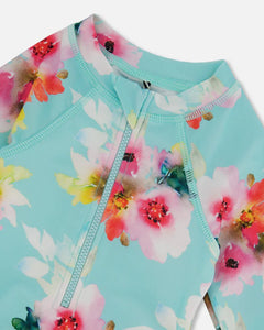 deux par deux Girls Printed One-Piece Rashguard With Frills - Turquoise And Pink Flowers