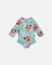 Load image into Gallery viewer, deux par deux Girls Printed One-Piece Rashguard With Frills - Turquoise And Pink Flowers
