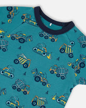 Load image into Gallery viewer, deux par deux Boys Organic Cotton Two-Piece Short Sleeve Top And Pant Pajama Set - Teal With Yellow Truck

