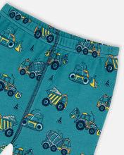 Load image into Gallery viewer, deux par deux Boys Organic Cotton Two-Piece Short Sleeve Top And Pant Pajama Set - Teal With Yellow Truck
