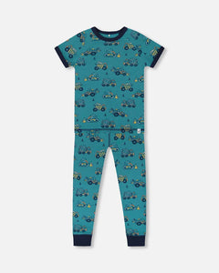 deux par deux Boys Organic Cotton Two-Piece Short Sleeve Top And Pant Pajama Set - Teal With Yellow Truck