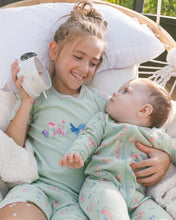 Load image into Gallery viewer, deux par deux Girls Organic Cotton Two-Piece Short Pajama Set - Small Pink And Blue Flowers On Light Sage
