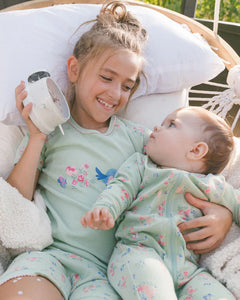 deux par deux Girls Organic Cotton Two-Piece Short Pajama Set - Small Pink And Blue Flowers On Light Sage