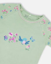 Load image into Gallery viewer, deux par deux Girls Organic Cotton Two-Piece Short Pajama Set - Small Pink And Blue Flowers On Light Sage
