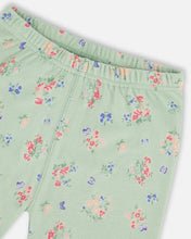 Load image into Gallery viewer, deux par deux Girls Organic Cotton Two-Piece Short Pajama Set - Small Pink And Blue Flowers On Light Sage
