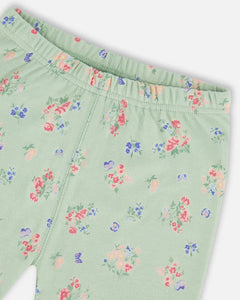 deux par deux Girls Organic Cotton Two-Piece Short Pajama Set - Small Pink And Blue Flowers On Light Sage