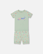 Load image into Gallery viewer, deux par deux Girls Organic Cotton Two-Piece Short Pajama Set - Small Pink And Blue Flowers On Light Sage
