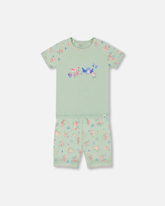 deux par deux Girls Organic Cotton Two-Piece Short Pajama Set - Small Pink And Blue Flowers On Light Sage