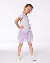 Load image into Gallery viewer, deux par deux Girls Crinkle Biker Short With Flower Mesh Skirt - Lilac With White Flowers
