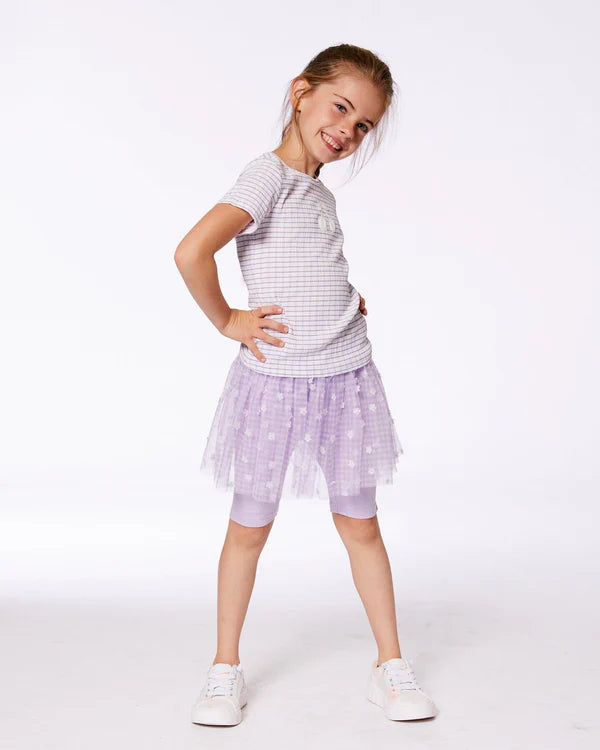 deux par deux Girls Crinkle Biker Short With Flower Mesh Skirt - Lilac With White Flowers