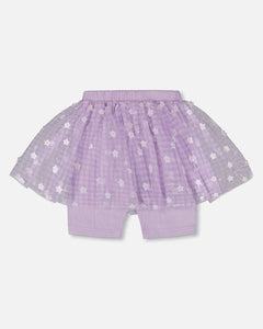 deux par deux Girls Crinkle Biker Short With Flower Mesh Skirt - Lilac With White Flowers