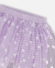 Load image into Gallery viewer, deux par deux Girls Crinkle Biker Short With Flower Mesh Skirt - Lilac With White Flowers
