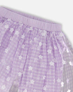 deux par deux Girls Crinkle Biker Short With Flower Mesh Skirt - Lilac With White Flowers